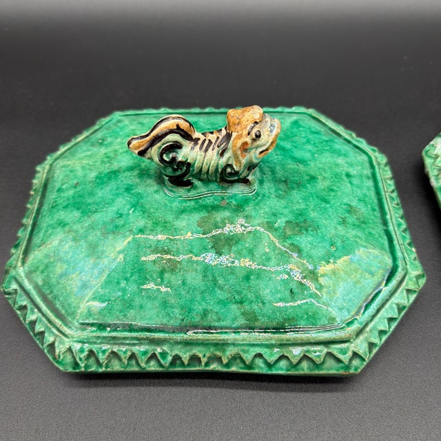 A Antique Pair of Chinese Sancai Glazed Porcelain Tureen Lids With Foo Dog Finials Made in China, circa 19th Century Green...