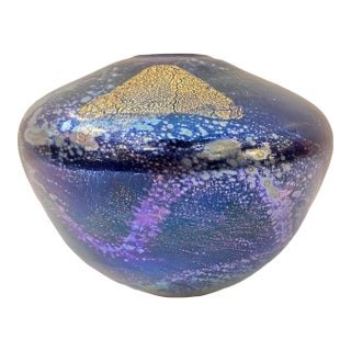 1980s Signed Iridescent Blue and Gold Glass Vessel For Sale