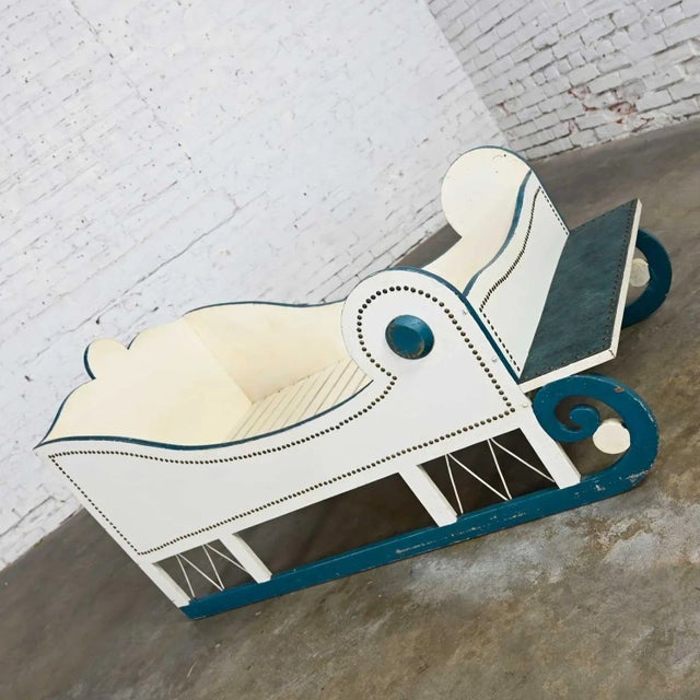 Early 20th Century Vintage Sleigh-Style Child, Doll or Dog Bed White With Blue Trim & Nail Head Design For Sale - Image 5 of 13