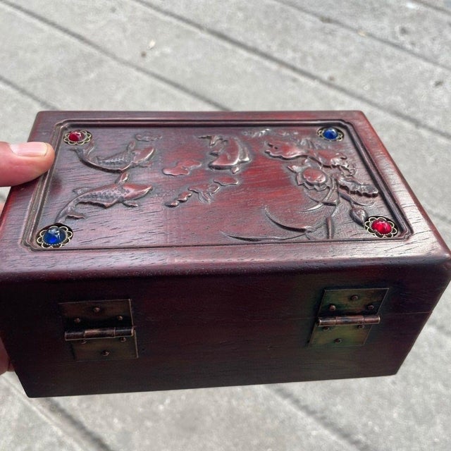 Vintage Chinese Carved Rosewood Box With Stone Inlays & Lotus Fish Motif - Jewelry/Keepsake Box For Sale In Los Angeles - Image 6 of 9