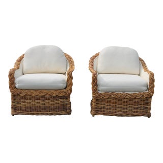 Pair Upholstered Braided Rattan Wicker Club Chairs For Sale