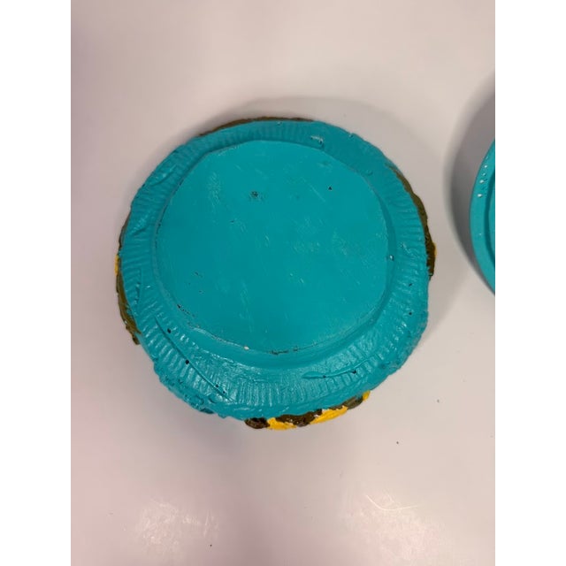 Vintage Style Turquoise Blue Round Trinket Box With Yellow Raised Floral Relief Florentine Plaster For Sale - Image 9 of 9