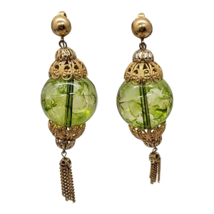 Vintage 1960s Signed Castlecliff Green Art Glass Drop Dangle Clip Earrings- 2 Pieces