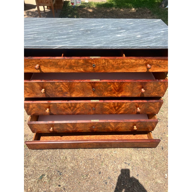 French 19th Century Louis Philippe Flame Mahogany Marble Top Commode For Sale - Image 9 of 12