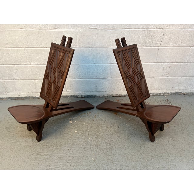 Mid 20th Century Pair of Geometric Carved Low Slung Tribal Palaver Chief Chairs For Sale - Image 10 of 13