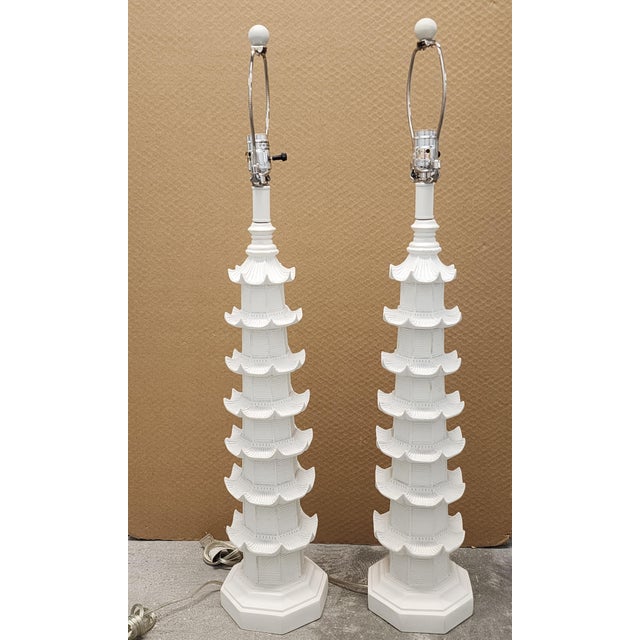 2010s White Pagoda Chinoiserie Style Table Lamps - A Pair For Sale - Image 5 of 12