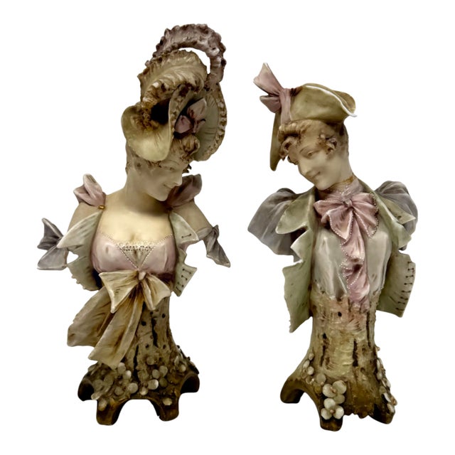 Antique Ernst Wahliss Teplitz Austrian Porcelain Busts – 9.5" Male & Female Pair For Sale