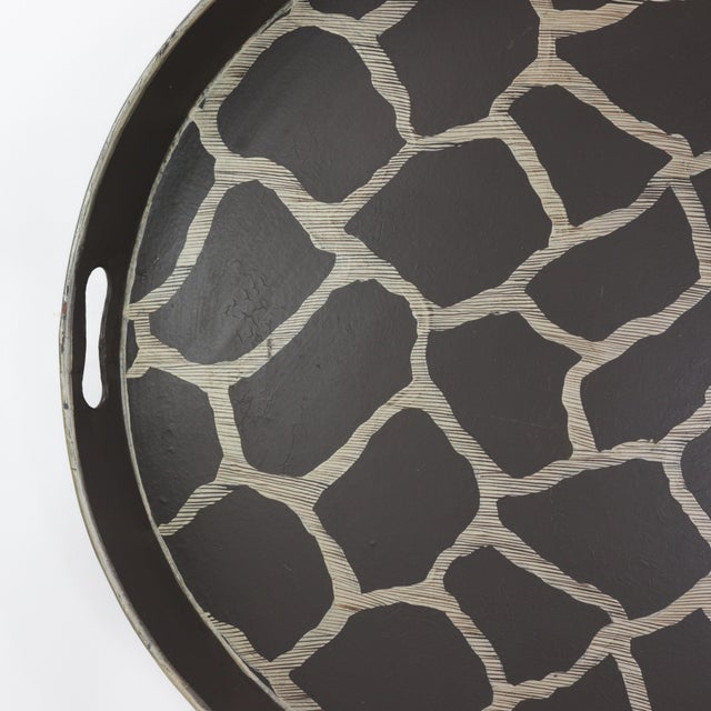 Contemporary Vintage Large Oval Tole Tray - Hand Painted Brown and Cream Giraffe Animal Print Decorative Tray For Sale - Image 3 of 15