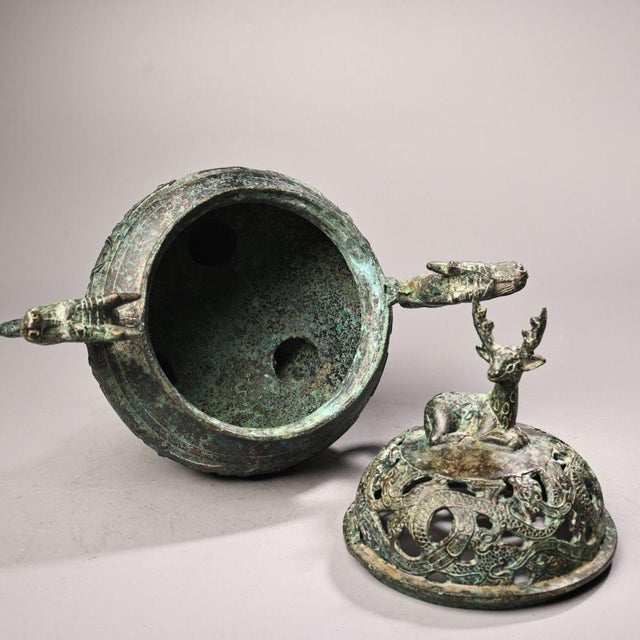 Late 19th Century Bronze Tripod Censer With Deer Finial, 2400g, Archaic Motifs For Sale - Image 4 of 10