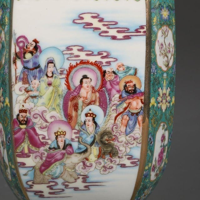 Ceramic Mid 20th Century Famille Rose Hexagonal Porcelain Vase, Chinese Enameled Figural Scene Vase For Sale - Image 7 of 9
