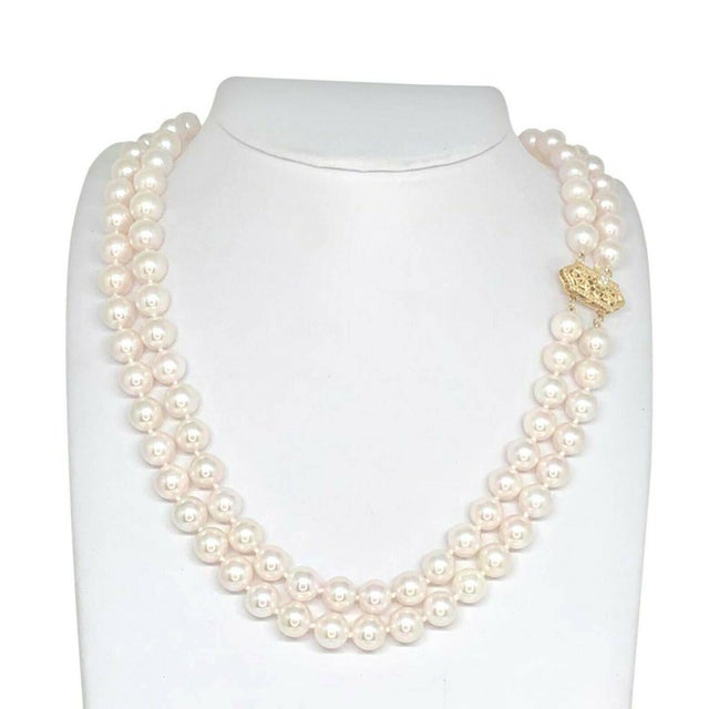 1990s 1990s Diamond Akoya Pearl Necklace 8 Mm 14k Gold 17 in 2-Strand Certified For Sale - Image 5 of 16