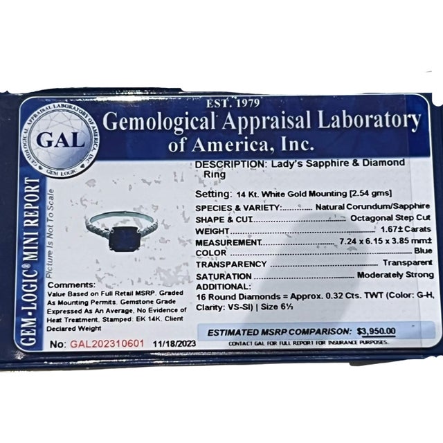 Natural Sapphire Diamond Ring 6.5 14k W Gold 1.99 TCW Certified, Size 6.5 For Sale - Image 12 of 15