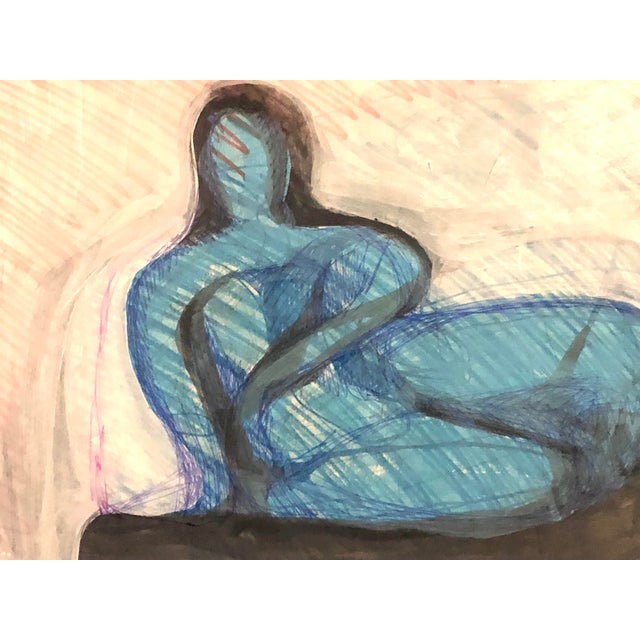 Henry Moore Contemporary Mixed Media Painting on Paper, CL Auker “Reclining Blue Figure” For Sale - Image 4 of 5