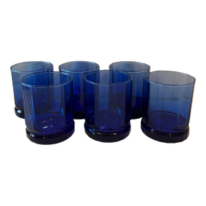 1990s Set of 6 Vintage Anchor Hocking Essex Cobalt Blue Lowball Glasses
