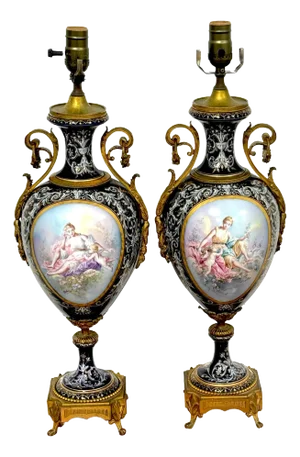 19th Century Ormolu Mounted Sevres Cobalt Urns, Now As Lamps - a Pair