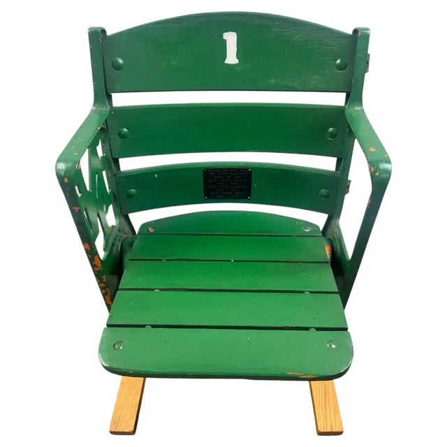 Authentic wood and cast-iron box seat salvaged from the Polo Grounds in Upper Manhattan, New York City. This green-painted...