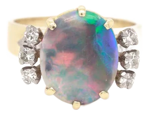 Antique Platinum, 18k Gold, Black Opal, & Diamond Cocktail Ring