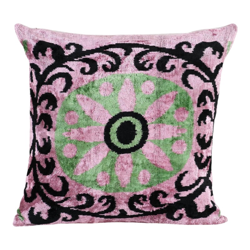 Floral Silk Ikat Velvet Cushion Cover - Square Pink And Green Design For Home 24'' X 24''