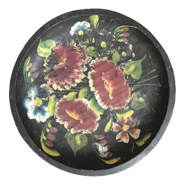 Mexican Wooden Plate with Hand-Painted Floral Design For Sale