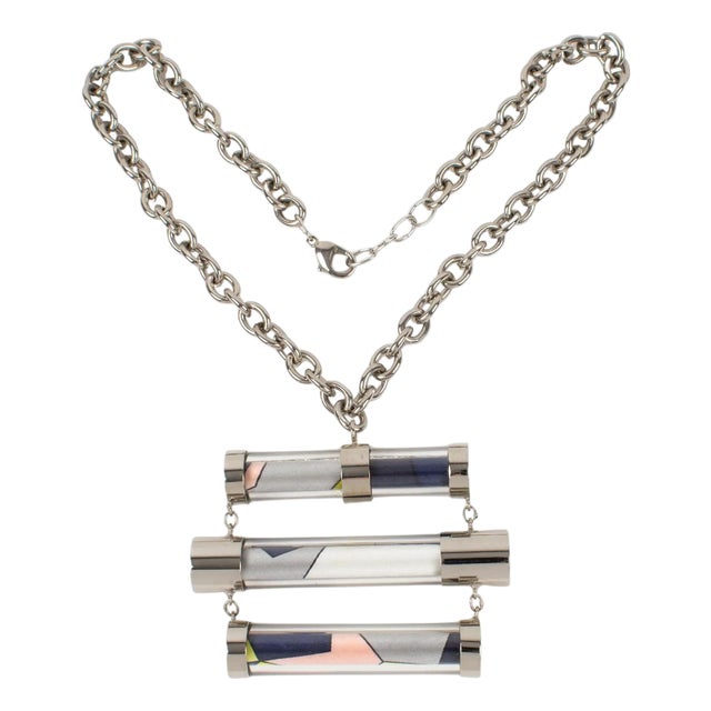 Emilio Pucci Futuristic Silvered Metal and Silk Abstract Geometric Necklace For Sale