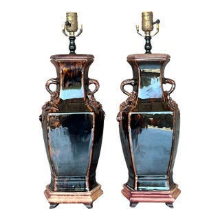 Vintage Boho Glazed Ceramic Lamps - A Pair For Sale