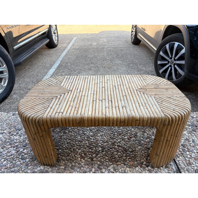 Mid-Century Bamboo Cocktail Table. Offered is a handsome bamboo cocktail table or coffee table with a great geometric...