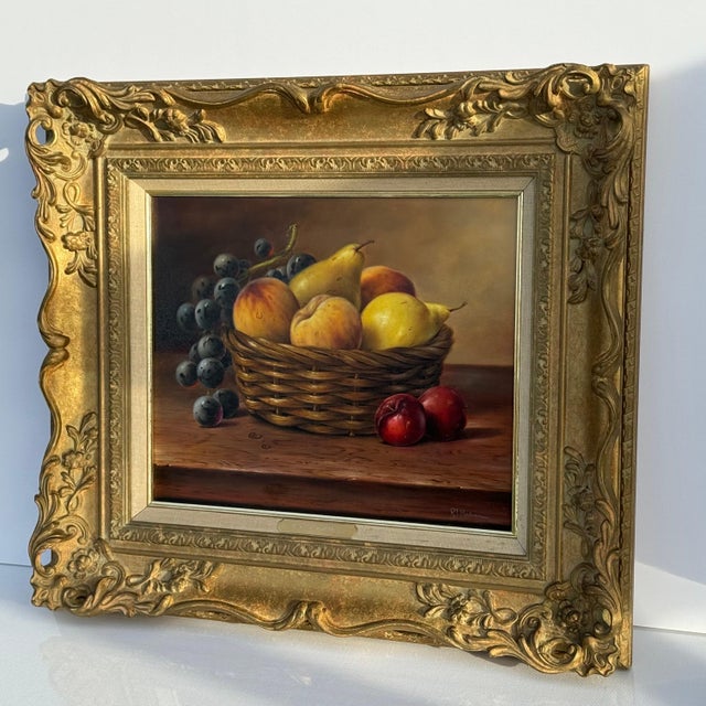 Still Life with Fruit in Basket - Vintage Oil in Ornate Frame by British Artist 1987 For Sale - Image 4 of 12