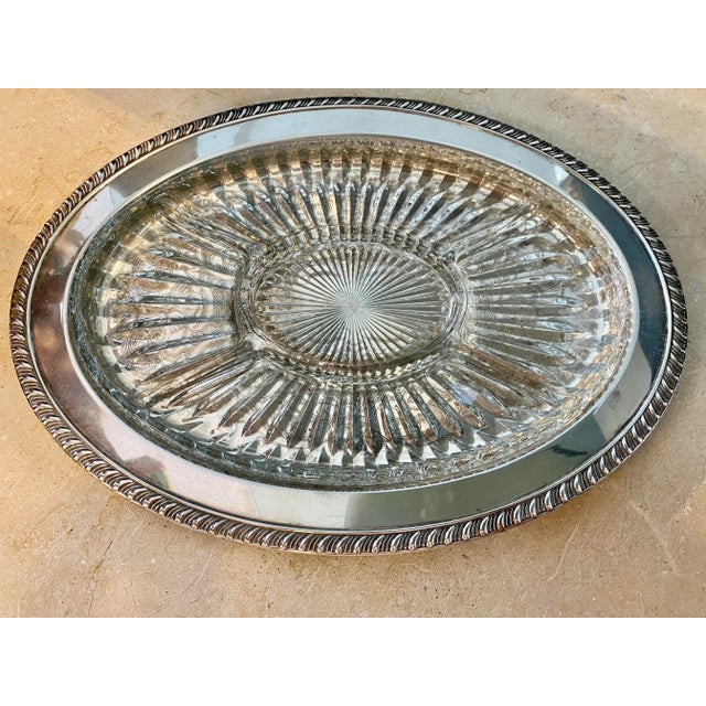 Gorgeous vintage oval two piece set, English style silver plate engraved tray and divided glass insert platter, perfect...
