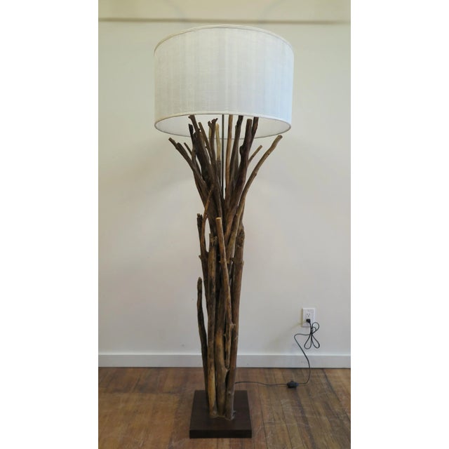 Twig floor lamp, driftwood Lamp rustic Country style with linen shade. A Tree Branch lamp Complete with dimmer on and off...