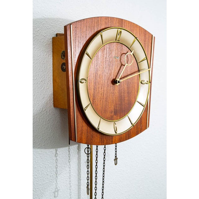 Mid-Century Modern Mid Century Modern Wall Clock Teak Pendulum Weights Brixon Denmark Chime For Sale - Image 3 of 10