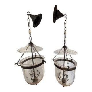 Late 20th Century Pair of Transitional Etched Star on Clear Glass Hundi Light Medium For Sale