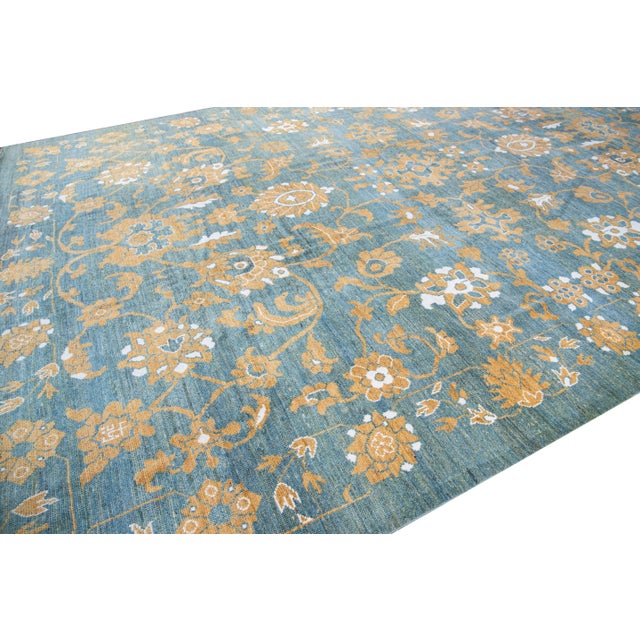 2010s Modern Oversize Oushak Blue Handmade Tribal Floral Wool Rug For Sale - Image 5 of 10