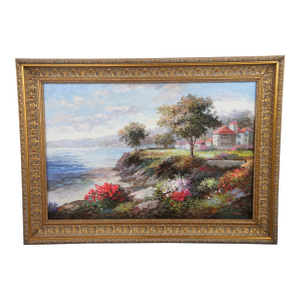 P. Paul Mediterranean Impressionist Seascape Oil Painting Oceanside Villa 44"