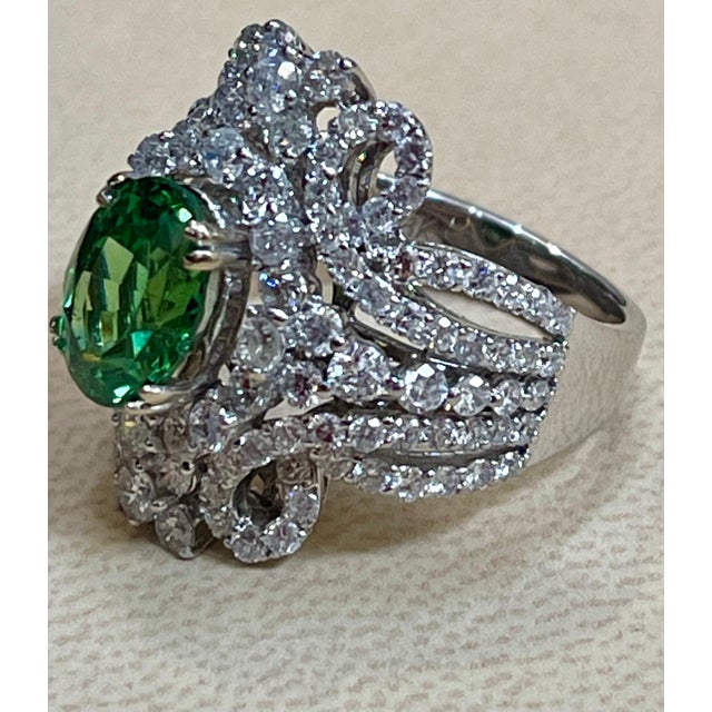 Green 4 Carat Oval Tsavorite & 2.9 Carat Diamond in 18 Karat White Gold Ring Estate For Sale - Image 8 of 18
