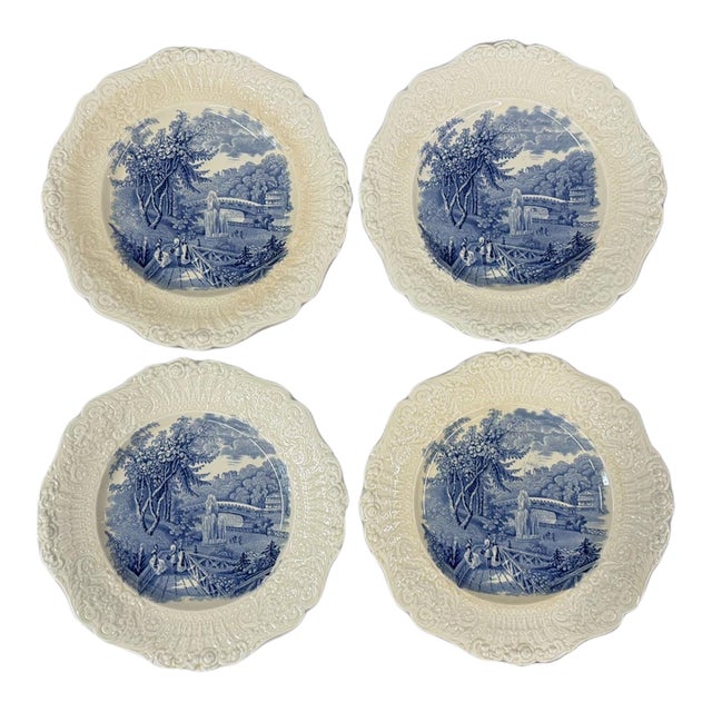 1890s Ridgways "Catskill Moss" Fairmount Gardens Blue Transferware Plates - Set of 4 For Sale