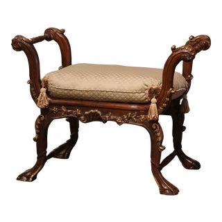 19th Century French Louis XIV Carved Walnut Piano Bench With Silk Cushion For Sale