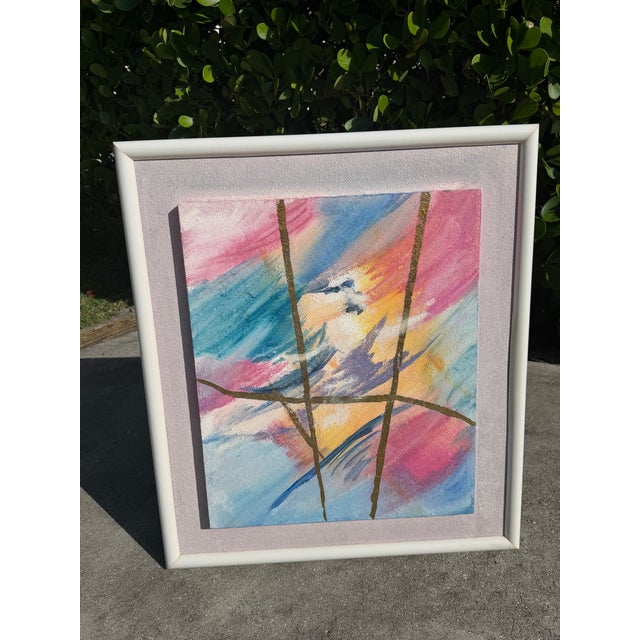 Striking abstract mixed media artwork with a dimensional, textured surface, layered in pastel blue, pink, lavender,...