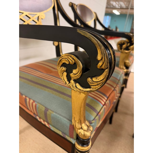 Black 1980s Set of 4 Extraordinary Hand Carved, Lacquered and Guilded Arm Chairs From John Widdicomb For Sale - Image 8 of 12