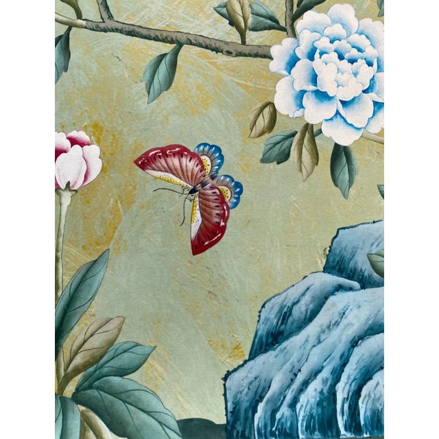 30"*60", Vintage Chinoiserie Floral Birds Garden Green Wallpaper Panel Wall Art, Set of 3, No Frame For Sale - Image 9 of 18