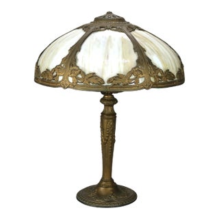 Antique Arts & Crafts Bent Slag Glass Table Lamp with Bronzed Base C1920 For Sale