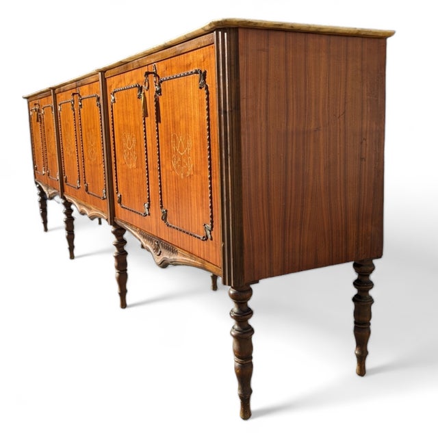 Wood Antique Italian Buffet, Sideboard, Marble Top, Inlaid Wood For Sale - Image 7 of 9