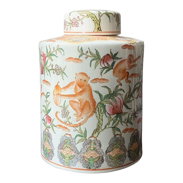 Large Mid-20th Century Chinese Porcelain Lidded Jar With Hand-Painted Monkey & Peach Motif For Sale