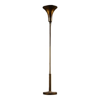 Vintage Art Deco Brass Torchiere Floor Lamp With Inverted Pyramidal Shade For Sale