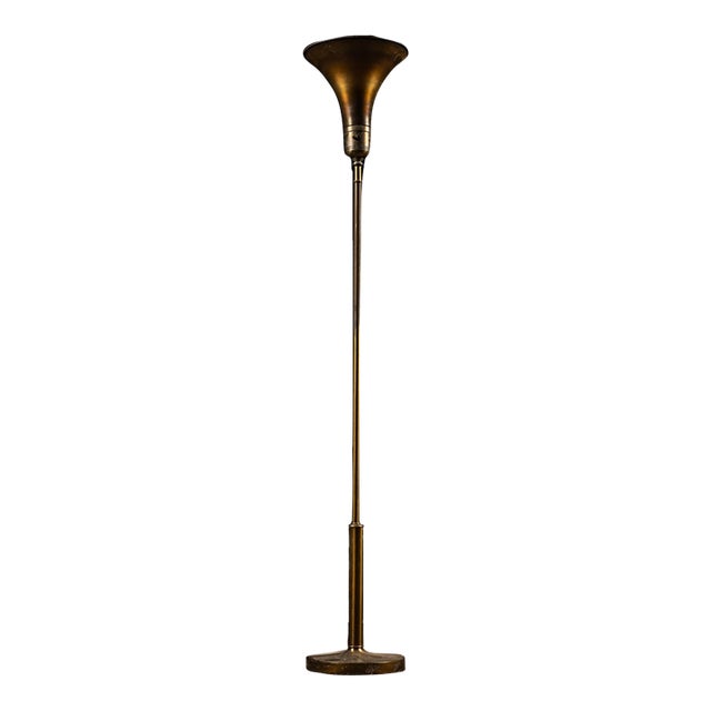 Vintage Art Deco Brass Torchiere Floor Lamp With Inverted Pyramidal Shade For Sale