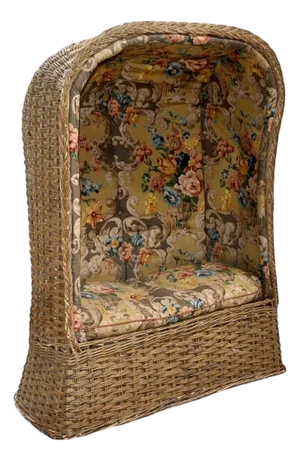 Vintage Wicker Porter's Chair with Mulberry Rococo Linen Upholstery, 1940s