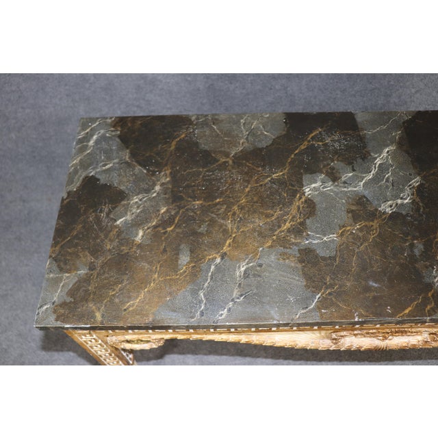 1950s Superb Carved Faux Painted Marble Top Greek Key Italian Console Table For Sale - Image 5 of 13
