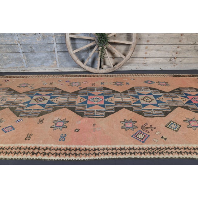 Tribal Vintage Turkish Oushak Handmade Cotton Orange Wool Kilim Runner Rug For Sale - Image 3 of 10