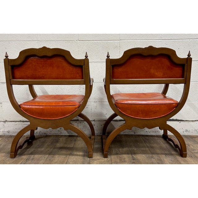 Vintage Hibriten Victorian Style Carved Walnut Savonarola Parlor Armchairs For Sale - Image 11 of 12