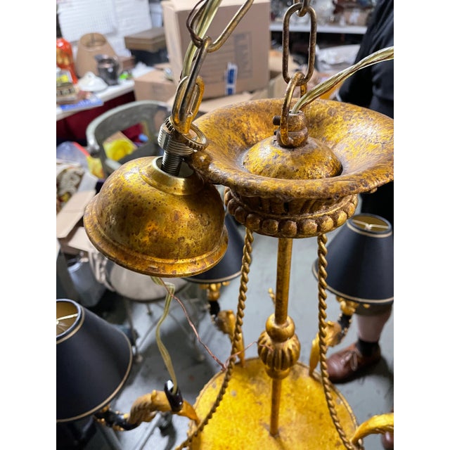 Vintage Italian Florentine and Black Chandelier With Tassel and Tole Decoration For Sale - Image 12 of 13