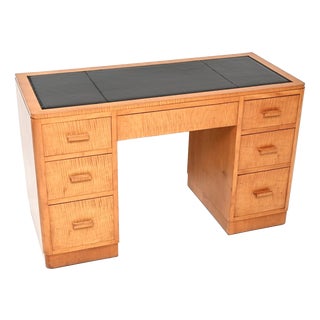 Art Deco Satin Birch Leather Top Pedestal Desk, 1930 For Sale